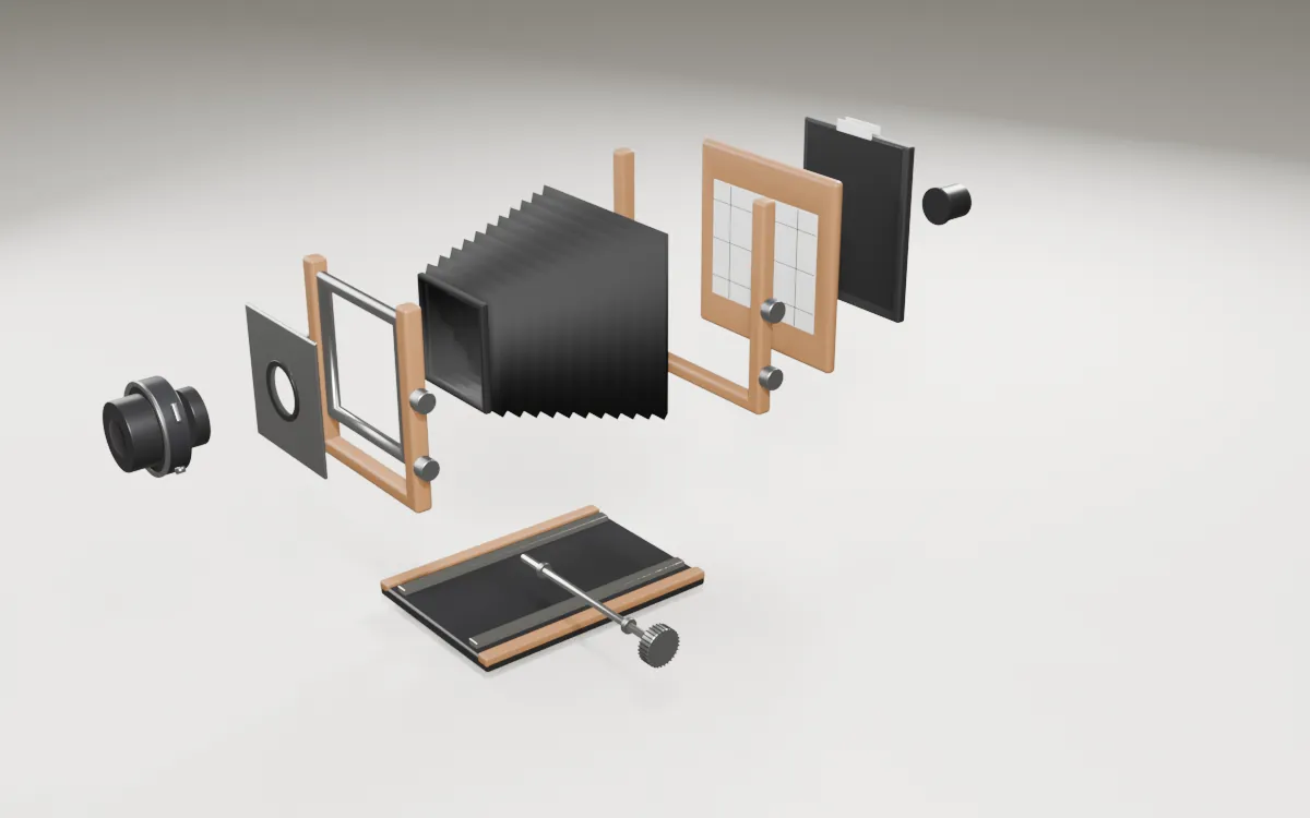 3D-Modell einer Großformatkamera, in ihre Baugruppen zerlegt