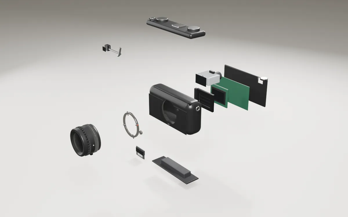 3D-Modell einer Messsucherkamera, in ihre Baugruppen zerlegt