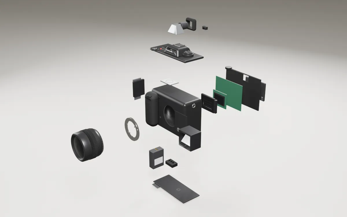 3D-Modell einer Spiegelreflexkamera, in ihre Baugruppen zerlegt