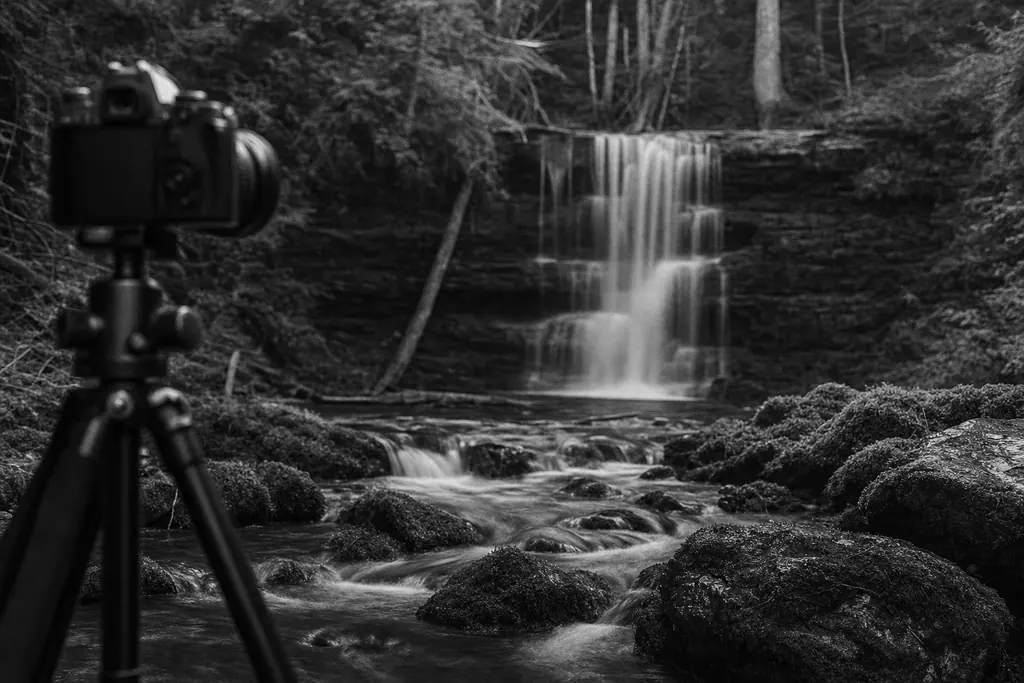 Seidig verwischter Wasserfall im Wald mit scharfen bemoosten Steinen und Kamera auf Stativ (mit AI erstelltes Bild)