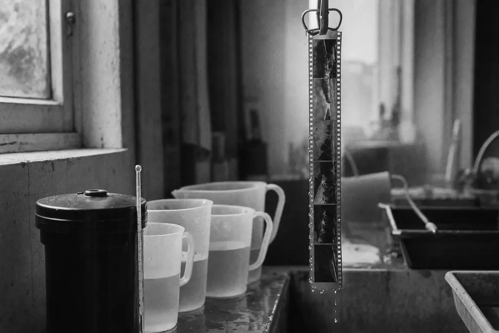 Entwicklungsdose, Thermometer und Messbecher am Spülbecken, darüber hängt ein frisch entwickelter Negativstreifen (mit AI erstelltes Bild)
