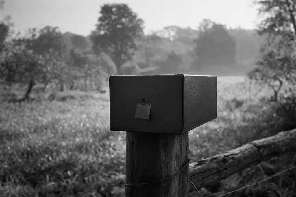 Selbstgebaute schwarze Schachtelkamera mit Klebestreifen-Verschluss auf einem Zaunpfahl im Morgenlicht (mit AI erstelltes Bild)