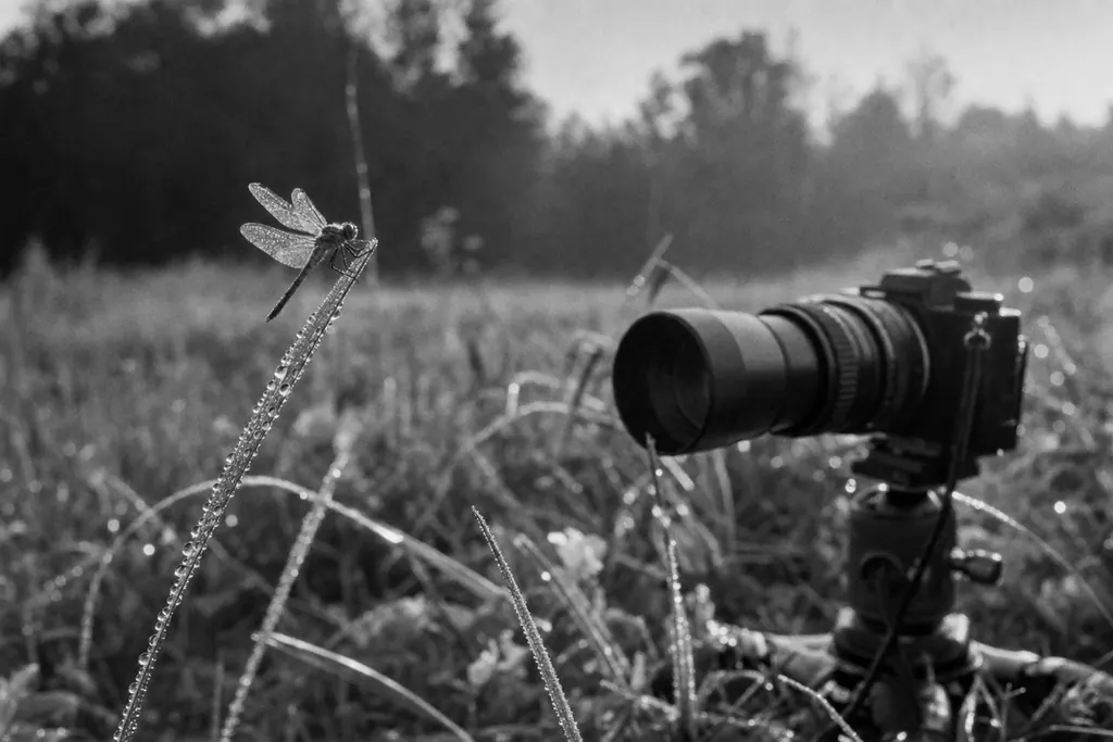 Libelle auf einem betauten Grashalm, davor eine Kamera mit Makroobjektiv auf niedrigem Stativ (mit AI erstelltes Bild)