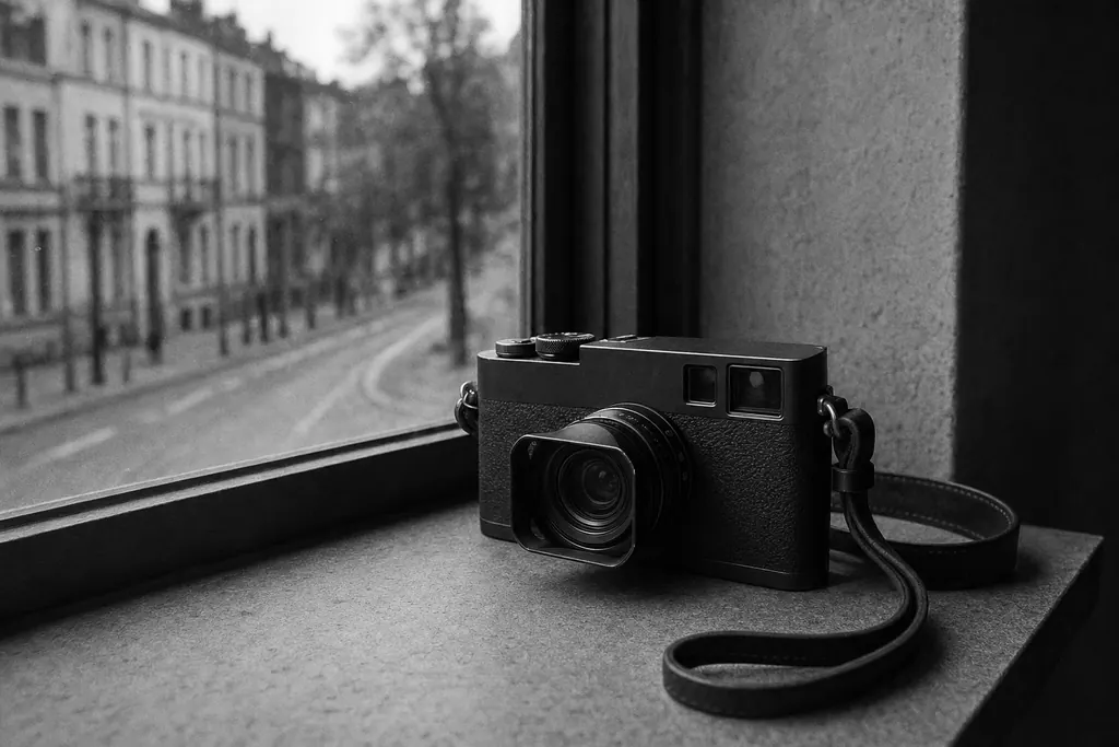 Eine kompakte Messsucherkamera mit zwei Sucherfenstern liegt auf einer steinernen Fensterbank (mit AI erstelltes Bild)