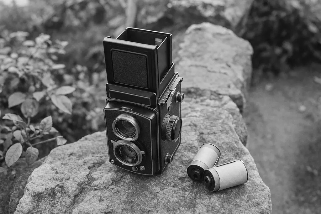 Zweiäugige Rollfilmkamera mit aufgeklapptem Lichtschacht auf einer Gartenmauer neben zwei Rollfilmen (mit AI erstelltes Bild)