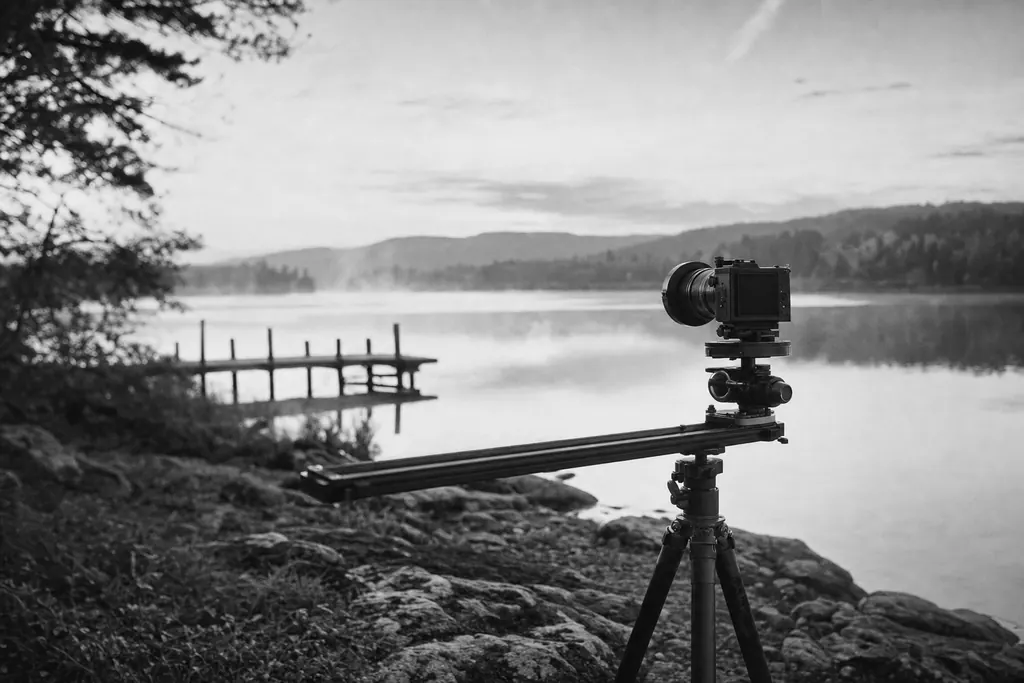 Kamera auf einem Panoramakopf mit Einstellschiene am Ufer eines Sees im Morgennebel (mit AI erstelltes Bild)