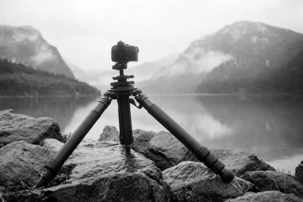 Stabiles Dreibein mit Getriebeneiger und Kamera auf Felsen an einem nebligen Bergsee (mit AI erstelltes Bild)
