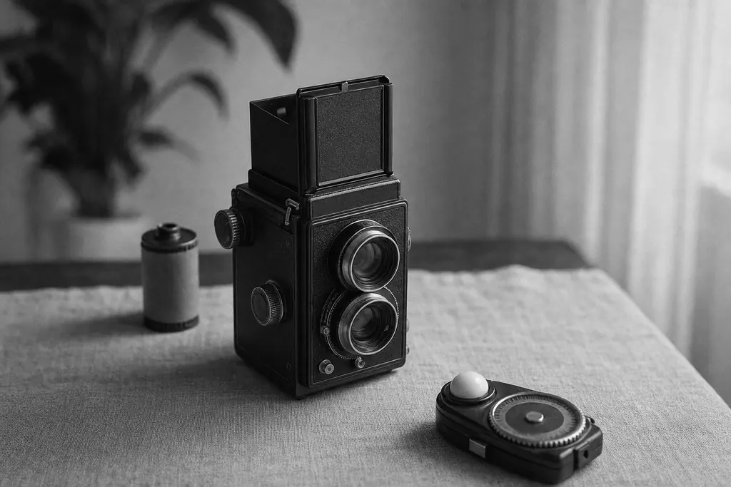 Eine zweiäugige Spiegelreflexkamera mit aufgeklapptem Lichtschacht steht neben einer Rollfilmspule auf einem Leinentuch (mit AI erstelltes Bild)